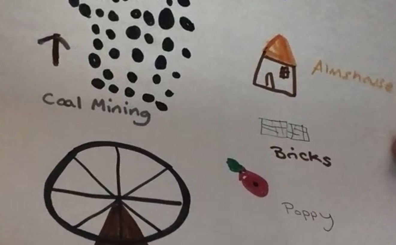 Miners wheel, coal, Alms Houses, Bricks and a poppy 
